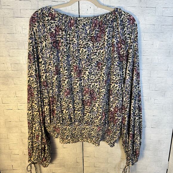 Lucky brand peasant top balloon sleeve drawstring collar floral bohemian hippie - Picture 2 of 11